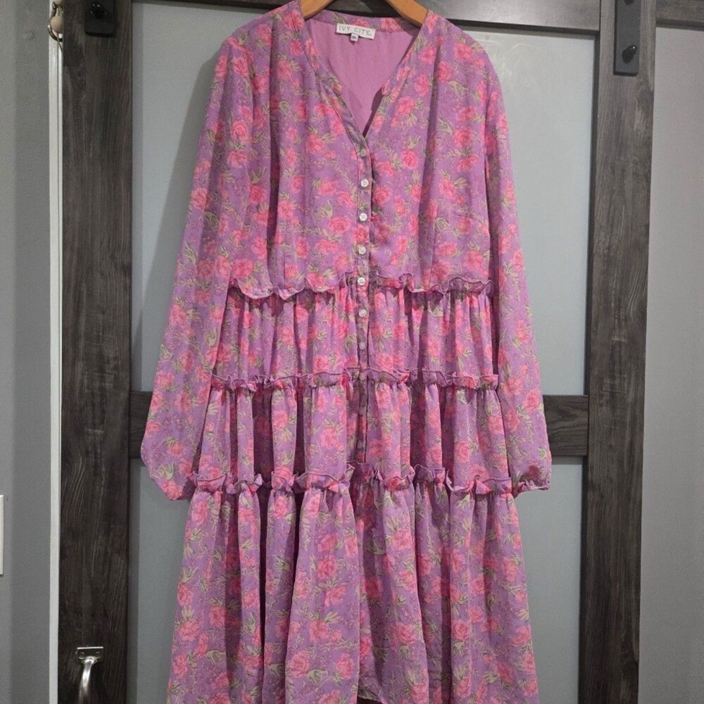 Ivy City Co. Lydia Dress Purple Pink Floral Tiered Size XXL